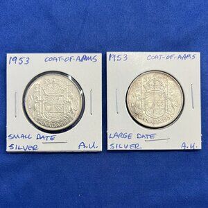 Rare Set of 2 Variant 1953 Canada Half Dollar Silver Coins!